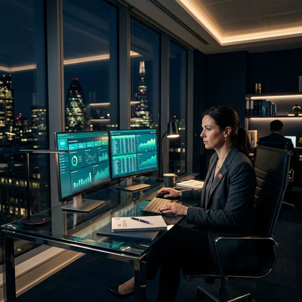 UK accountant reviewing financial dashboards at night